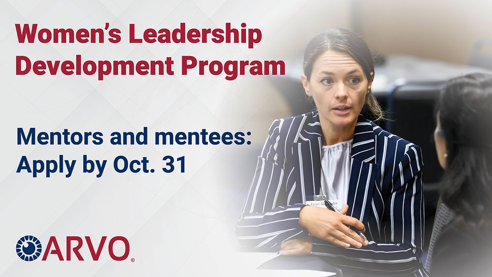 Promotional image for ARVO's Women's Leadership Development Program featuring two individuals in a discussion. Text invites mentors and mentees to apply by October 31.