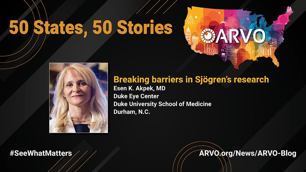 Promotional graphic from ARVO titled "50 States, 50 Stories" featuring Esen K. Akpek, MD from Duke Eye Center, Duke University School of Medicine in Durham, N.C., highlighting achievements in Sjögren's research. There is a map of the United States in the background and a portrait of Dr. Akpek on the left.