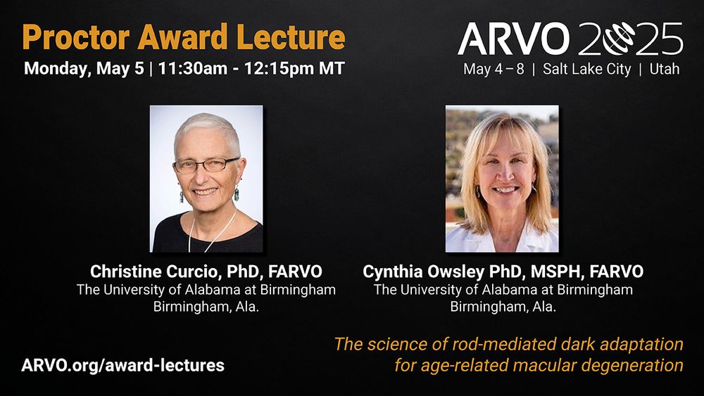 Promotional banner for Proctor Award Lecture at ARVO 2025 featuring headshots of speakers Christine Curcio and Cynthia Owsley from the University of Alabama at Birmingham. Details include event date, May 5, and time, 11:30am - 12:15pm MT. The lecture topic is on the science of rod-mediated dark adaptation for age-related macular degeneration.