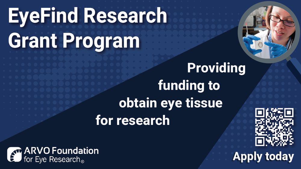 Promotional image for the EyeFind Research Grant Program by ARVO Foundation for Eye Research, featuring a person in lab attire holding a sample, with text about funding for eye tissue research and a QR code to apply.