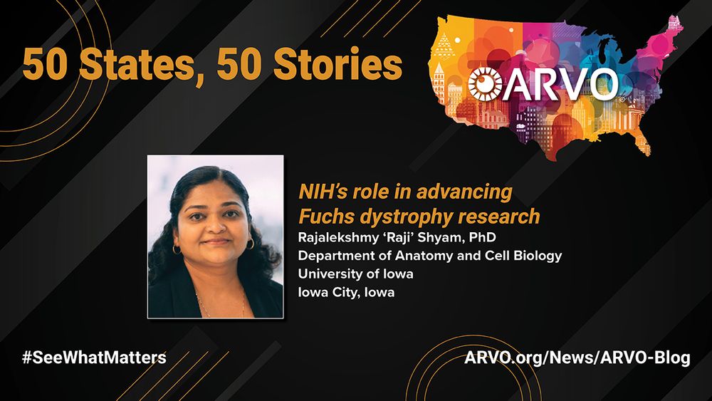 Promotional image for '50 States, 50 Stories' featuring the United States map and ARVO logo. Highlights NIH's role in advancing Fuchs dystrophy research by Dr. Rajalekshmy Shyam from the University of Iowa. Link to ARVO-Blog for more details.