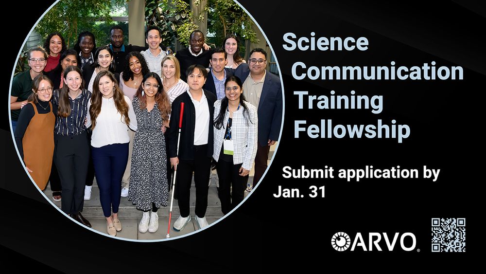 Group photo of diverse participants at the ARVO Science Communication Training Fellowship, with an invitation to submit applications by January 31. A QR code is displayed on the right.