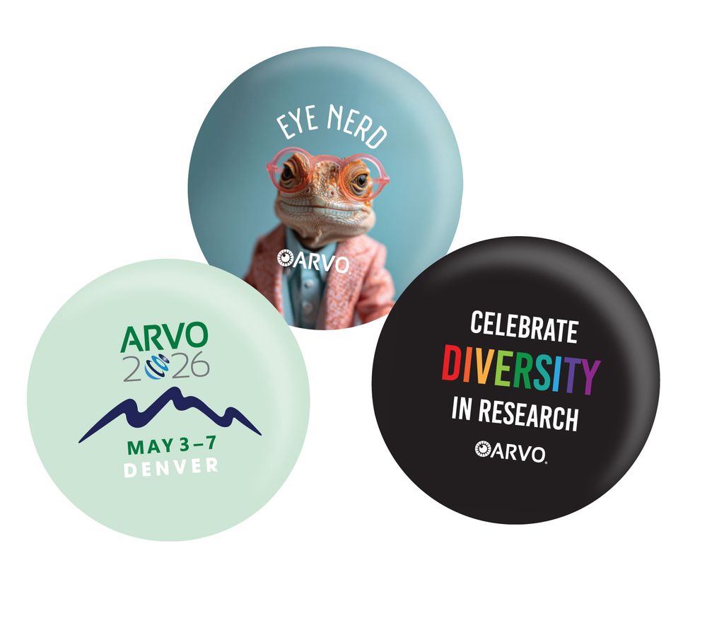 Image features three circular badges. The first badge shows a gecko wearing glasses with text 'EYE NERD'. The second badge reads 'ARVO 2026 May 3-7 Denver' with a mountain range graphic. The third badge is black with the text 'CELEBRATE DIVERSITY IN RESEARCH' and 'ARVO'.