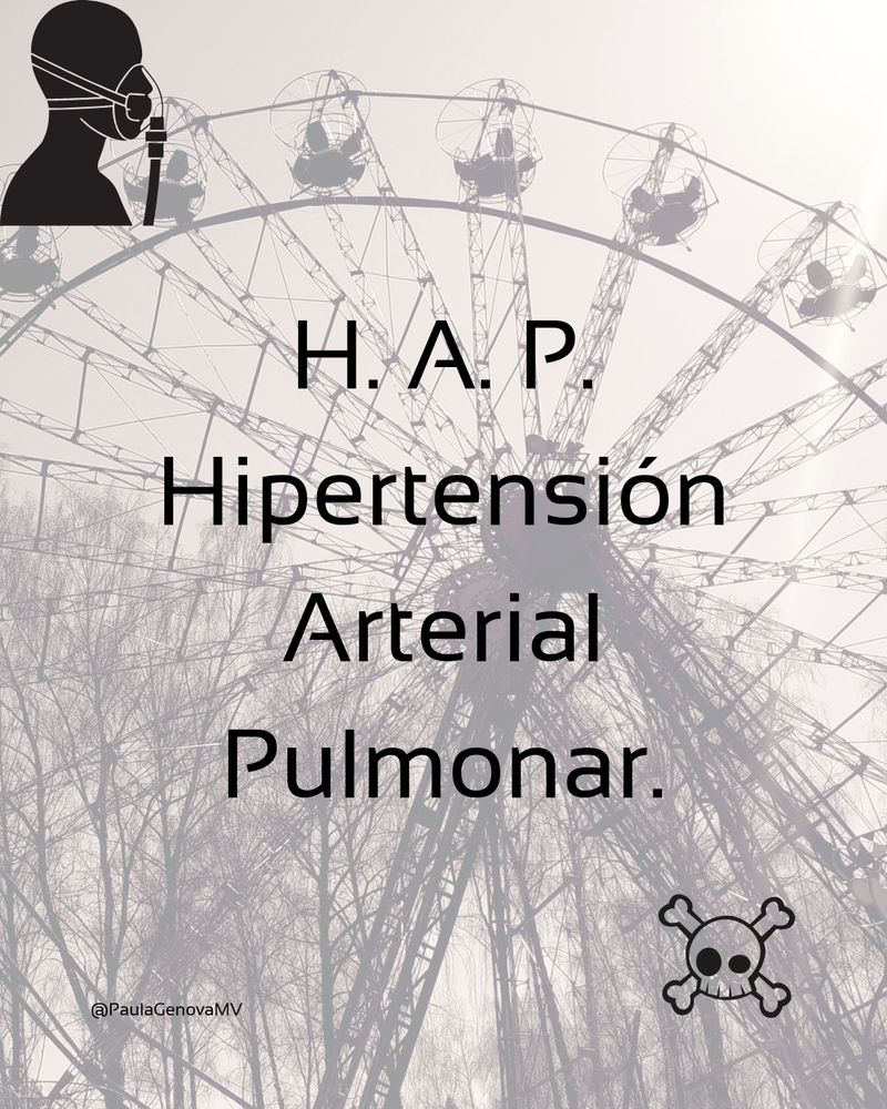 Fondo con una noria grande y árboles sin hojas en tonos grises. En la esquina superior izquierda una silueta de una persona con una mascarilla de oxígeno. En el centro el siguiente texto: H. A. P. Hipertensión Arterial Pulmonar. En la esquina inferior derecha hay una calavera y en la esquina inferior izquierda aparece el usuario @PaulaGenovaMV.