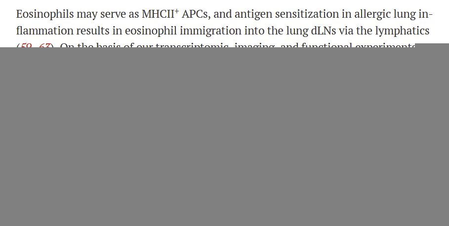 https://www.science.org/doi/10.1126/sciimmunol.adr6787 Eosinophils may serve as MHCII+ APCs, and antigen sensitization in allergic lung inflammation results in eosinophil immigration into the lung dLNs via the lymphatics (59–63). On the basis of our transcriptomic, imaging, and functional experiments, we propose the following model for eosinophil-stromal cell cross-talk in vaccine-dLNs. All four vaccines induce eosinophil accumulation at the vaccination site in the muscle. However, only Nuvaxovid triggers strong eosinophilic infiltration into the medullary sinus and paracortex of dLNs. The eosinophil migration appears to occur through extranodal tissues and the LN capsule rather than via blood or lymphatic vessels. The influx may be driven by chemoattractant and eosinophil growth–supporting molecules expressed in specific stromal cell subsets in the dLNs. Because remodeling of the Nuvaxovid-dLN stroma (increased capsular thickness and separation of collagen fibrils) correlates with the eosinophilic infiltration and is partially reversed after eosinophil depletion in vivo, a causal relationship is supported