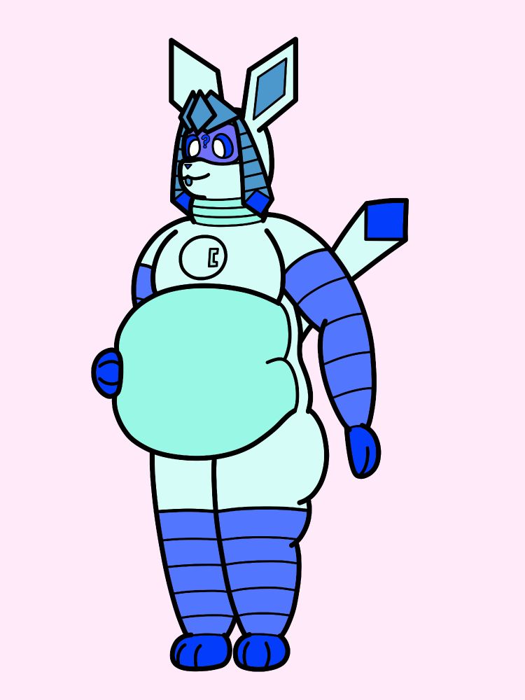 Azul, a robotic Glaceon, as an anthro with a chubby belly and chunky limbs with a blue-tongued blep and a "?" in between her digital eyes on her facial screen indicating curiosity. Her right paw gently squishes her belly