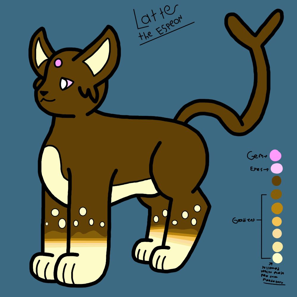 A ref in need of updating of Latte, a female coffee-themed Espeon. She has soft, light pink eyes with white pupils with a slightly darker pink gem on her forehead. Her body is a brownish color with a yellowy-white underbelly, paws and inner ears. Her pawsocks transition with a liquidy gradient pattern from the light cream color to the brown of her body, with little yellowy-white spot "bubbles" floating up above them, resembling frothy cream in a warm cup of coffee. She is shown with a very relaxed and welcoming smile, and is ever-so-slightly pudgy.