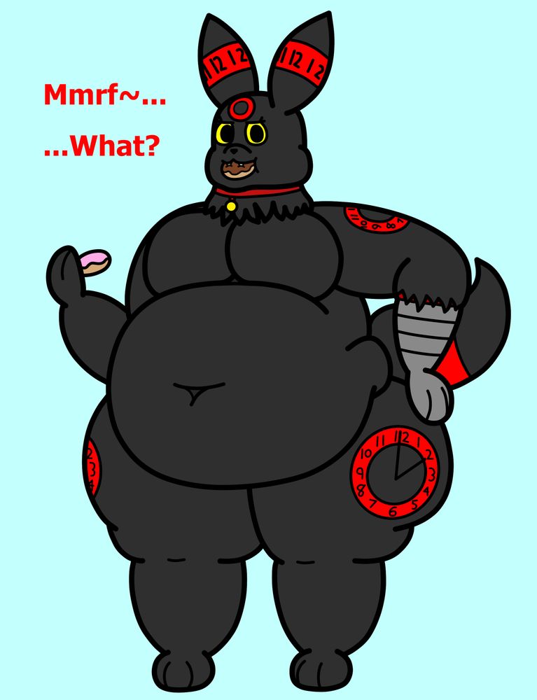 Ruby the 'chronobre', a red-ringed Umbreon with clock faces for rings on her limbs and numbers spanning around her ear and tail rings with a collar around her neck and a cybernetic left arm, munches on a donut that hangs in her mouth, another held in her right paw. She stands, anthro, with a plump gut and breasts and wide, chunky hips. She glares at the viewer with a slightly annoyed look, cybernetic paw on her hip sassily as she mumbles a "Mmrf~ . . .   . . . what?" with an implied annoyed tone.