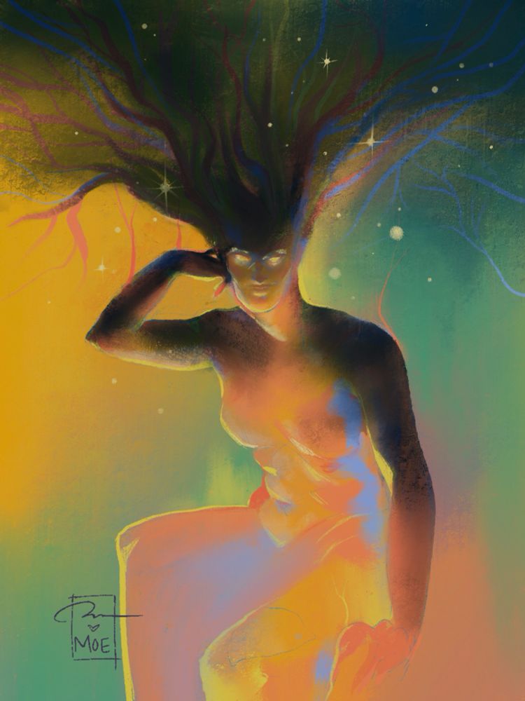 A nonbinary interpretation of the solstice- a painterly figure in an array of colour sprouting branches from their head that reach into a starlit sky