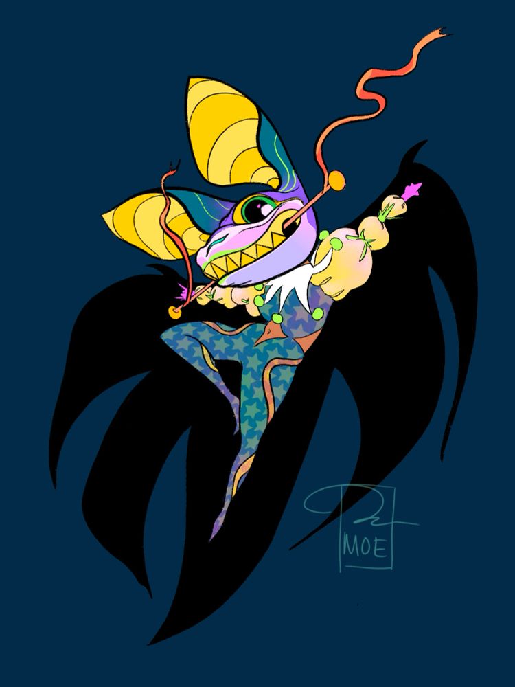 A trapeze artist with a winged cape and a bat mask