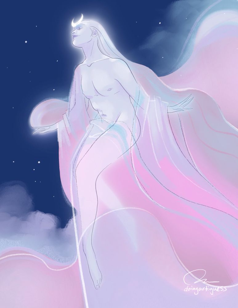 A trans nonbinary interpretation of the moon at dawn- a pale figure in a sweeping pastel cloak with a moon at their crown