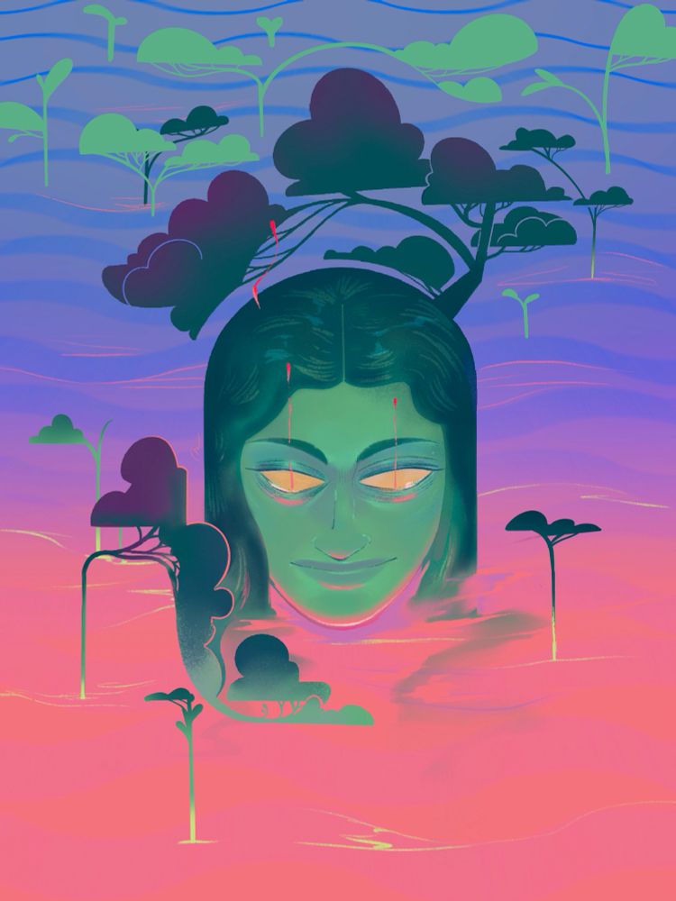 A nonbinary interpretation of Gaia emerging from the pool of chaos/life; a green head sprouting from a pink/blue sea 
