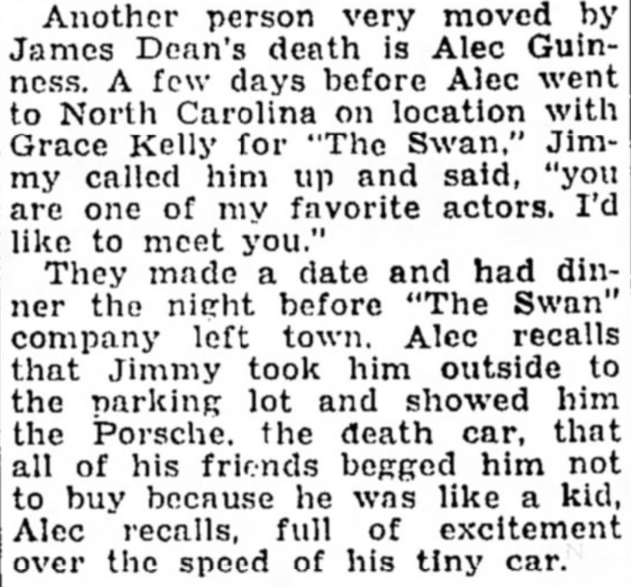 A newspaper clipping in which Alec Guinness recalled that "Jimmy took him outside and showed him the Porsche, the death car, that all of his friends begged him not to buy because he was a kid, Alec recalls."