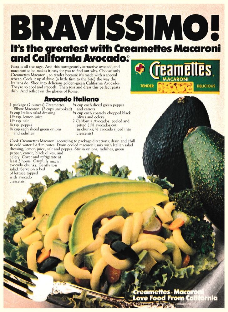 A vintage Creamettes ad featuring a recipe for "Avocado Italiano," a mix of elbow macaroni, avocado, and vegetables over lettuce.