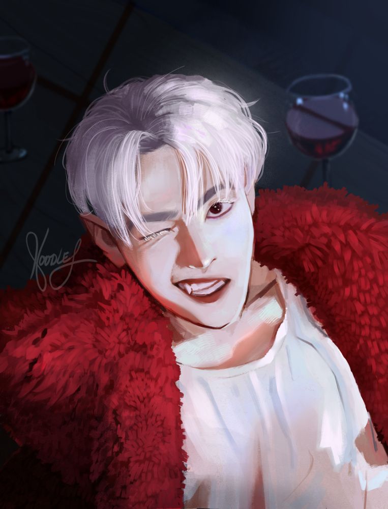 A fanart based on a photo of Kim Hongjoong. He is wearing a white t-shirt and a large, fluffy red coat. He's looking at the camera, winking, with a cunning smirk. One fang is peeking out of his red lips. His hair is white and a bit fluffy. He leans on a table with glasses of red wine on it. Subtle moonlight is streaming in.