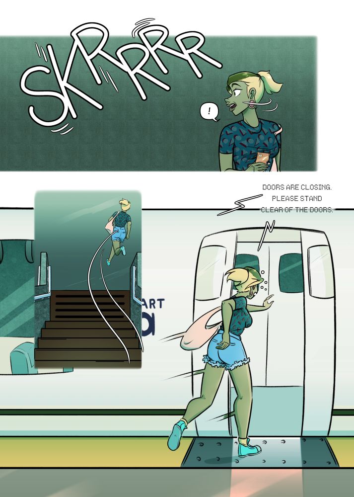 3 panel comic page of a young woman racing to get into a bart train