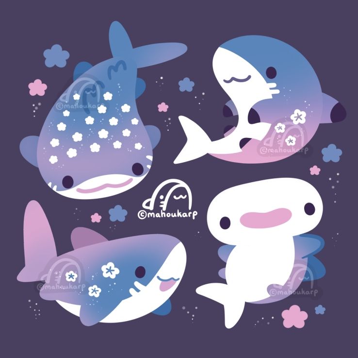Illustration of some sharks the colors used are mainly purple and pink gradients  

featured are whale, black tip reef, great, hammer