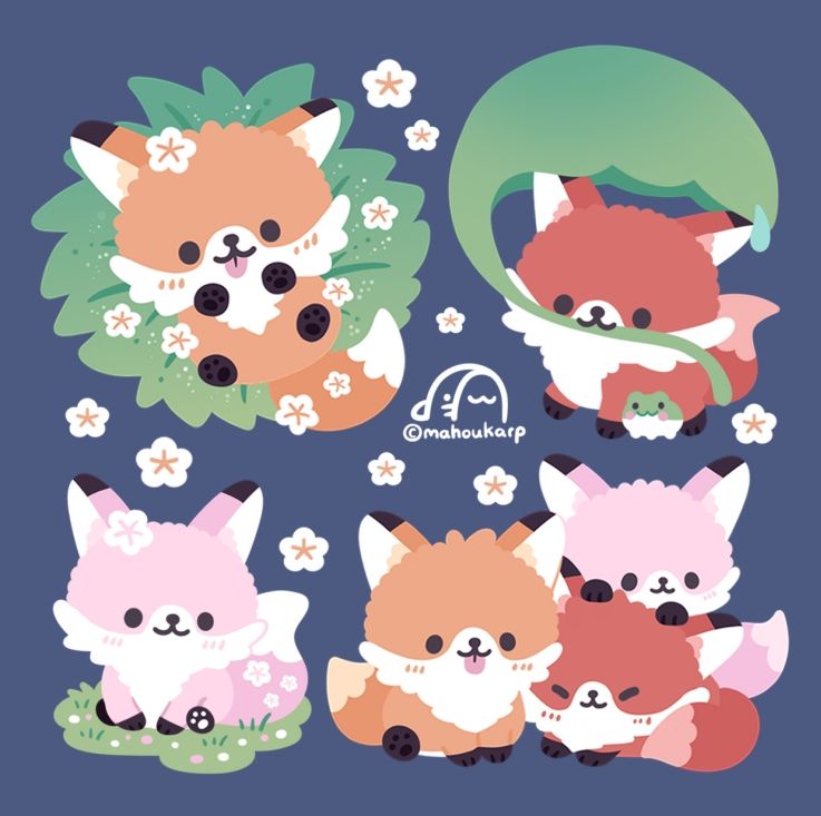 Illustration of some foxes. One is laying down in the tall grass with flowers. Another is walking with a big leaf in their mouth protecting them from rain with a frog on their side. There is a pink fox just sitting down on grass. Lastly there a group drawing of them all piled together.