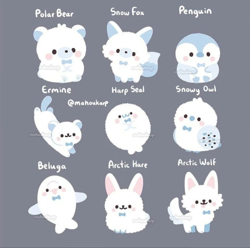 Illustration of some arctics animals 

Animals featured are polar bears, snow fox, penguin, ermine, harp seal, snowy owl, beluga, arctic hare, and arctic wolf 

Bow ties are crucial for survival in cold climates (not true but its cute ya know)
