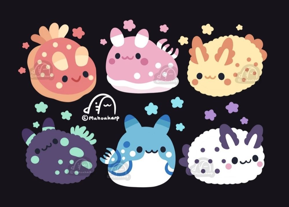 illustration of some sea bunnies in a variety of colors 