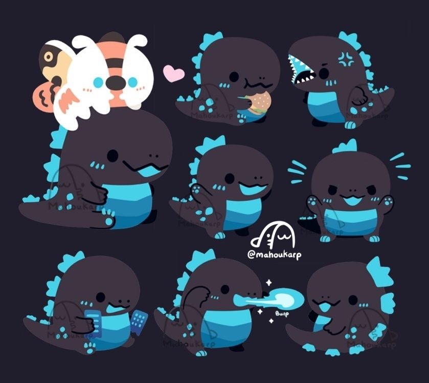 Illustration of godzilla, there are many of them in the image. They are a black lizard with a striped blue belly and blue spikes on its back. There are 8 godzillas total 

1.) Has mothra on theur head 
2.) Eating a hamburger
3.) Roaring
4.) Going "Yay!"
5.) Trying to intimidate but cute looking
6.) Playing with buildings
7.) Shooting a beam out of its mouth
8.) Waving hi