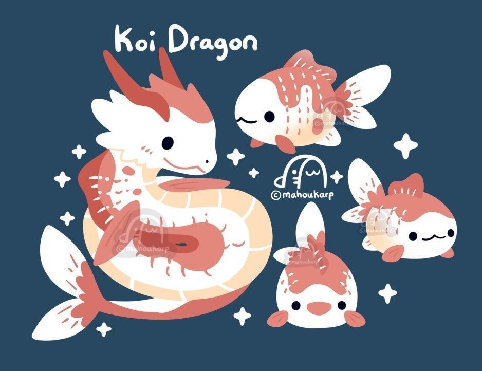 Illustration of some koi fish and a dragon that's based on the legend of a carp swimming up a waterfall. If a carp successfully swims up then it turns into a dragon 