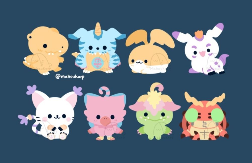illustration of digimon characters agumon, gabumon, patamon, gomamon, gatomon, biyomon, palmon, and tentomon 