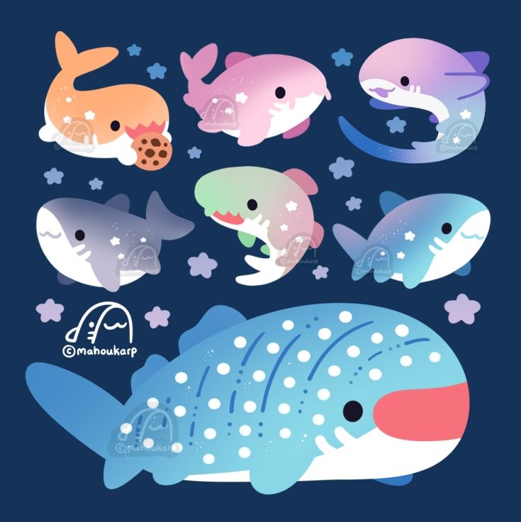illustration of a bunch of sharks!!!

featured are cookie, nurse, thresher, great white, goblin, mako, and whale shark 