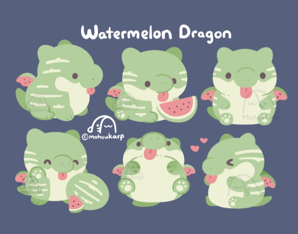 Illustration of a watermelon dragon thats very round in shape. Amazingly orb like. Colors used are mainly green and light yellow. They like frolicking in fields and rolling down hills. 