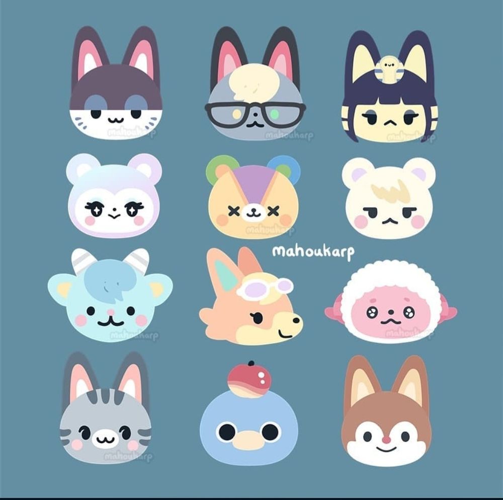 Illustrations of some characters from animal crossing. Featured are Punchy, Raymond, Ankha, Judy, Stitches, Marshal, Sherb, Audie, Dom, Lolly, Roald, Rudy