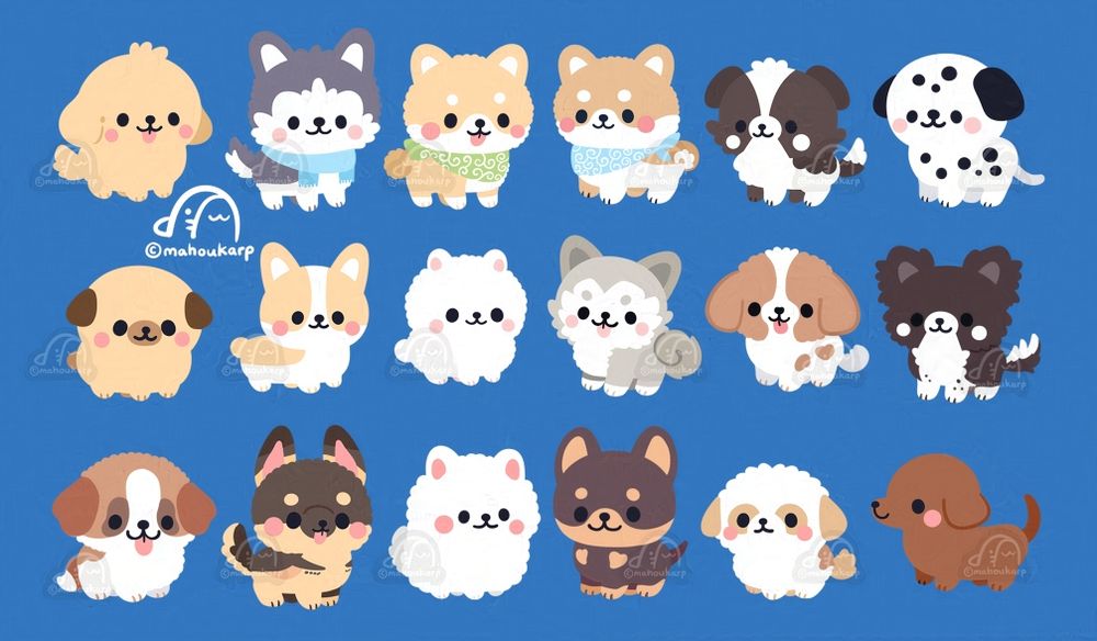 Illustration of a variety of puppies. They're good dogs Brent