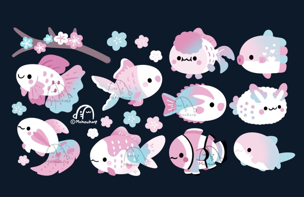 Illustration of a variety of sea animals mostly fish ( aside from the seabunny ). The colors used for the fishies mainly consist of pinks and blues 