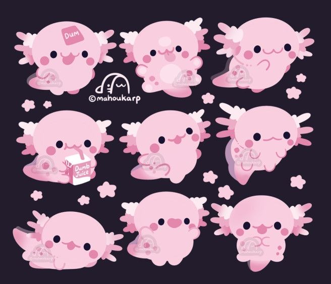 Illustration of some axolotls they are silly pink goobers
 
The colors used are mainly shades of pink 

The may not be the smartest but that's okay because they are cute 