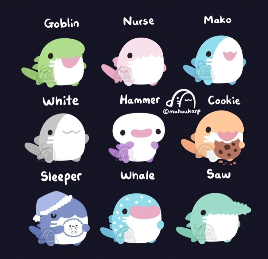 Illustration of some shorks (short sharks) 

Featured are goblin, nurse, mako, white, hammer, cookie, sleeper, whale, and saw shark 
