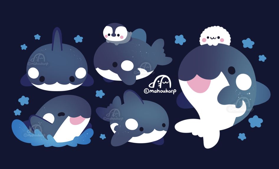 illustration of orcas they are dark purple and blue gradient colored. On top of two of the orcas are a small penguin and a harp seal. One of the orcas is making a splash.