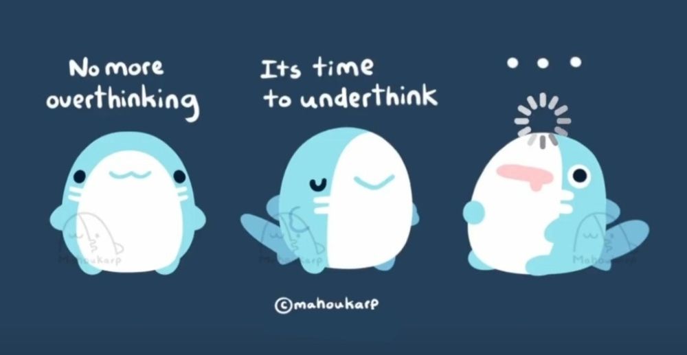 Illustration of a mako shark underthinking. There is a buffering symbol on their forehead