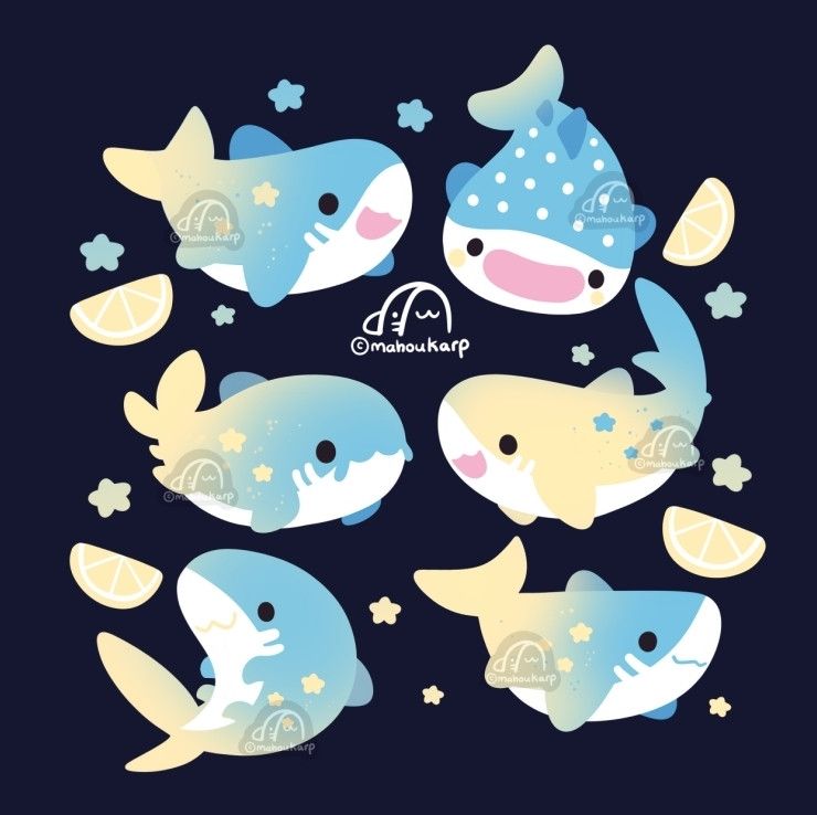 Illustration of sharks with a blue & yellow gradient color palette. There are lemons and stars on the sides of the sharks

Sharks Species Featured: Mako, Whale, Nurse, Bull, Bronze, Great