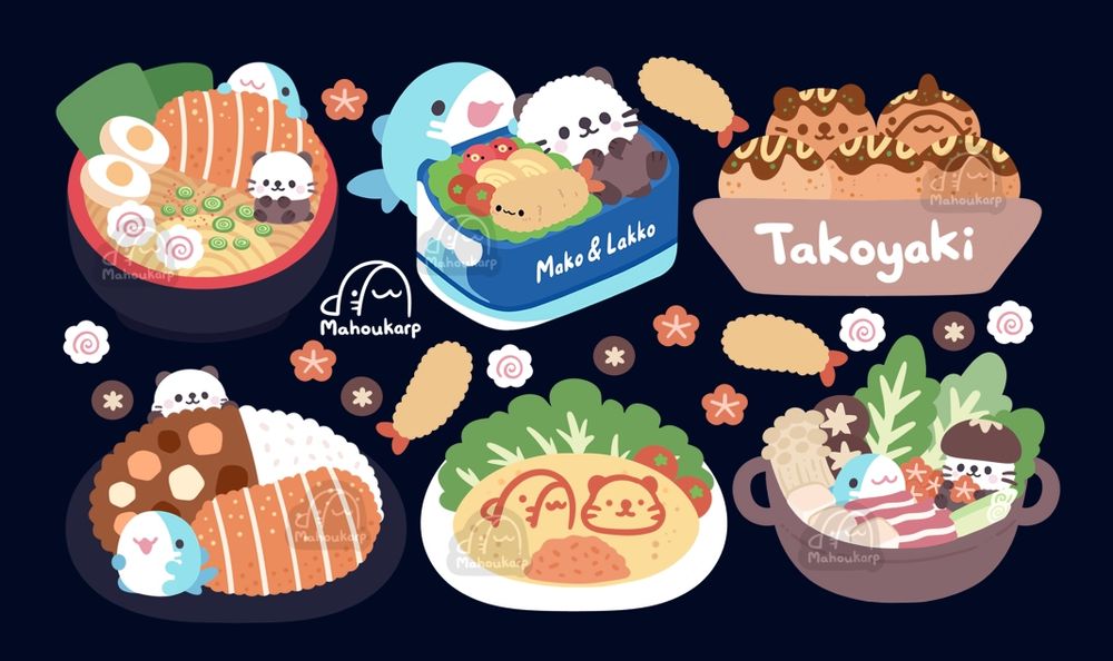 Illustration of Mako the shark and Lakko the otter. Featured are two pals surrounded by japanese food. There is ramen, bento, takoyaki, katsu curry, omurice, and sukiyaki. This was a limited edition sticker sheet for Katsucon 2025! Otter character belongs to Jeanadraws and Shark character belongs to Mahoukarp