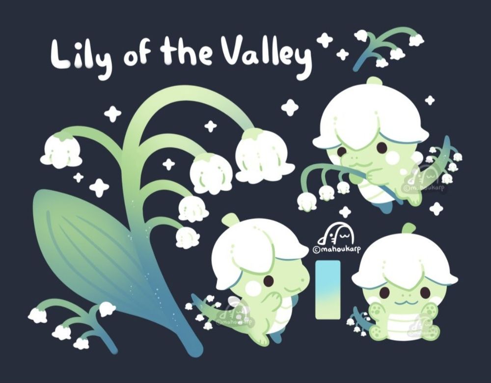 Illustration of a dragon based on the flower lily of the valley. They are a tiny guy wearing a little flower hat. Colors used are mainly green and bluish green