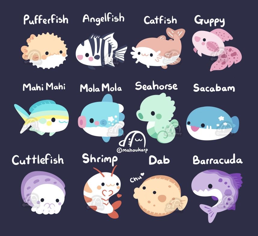 Illustration of cute fish the species are Pufferfish, Angelfish, Catfish, Guppy, Mahi Mahi, Mola Mola, Seahorse, Sacabambaspis, Cuttlefish, Shrimp, Dab, Barracuda