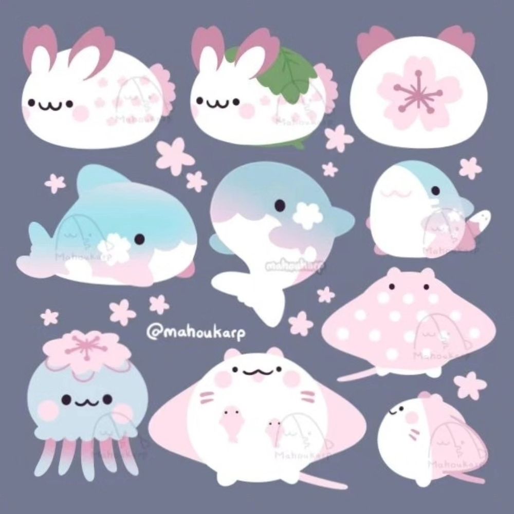 illustration of sakura colored sea creatures 

featured are sea bunny, orca, mako shork, jellyfish, and manta ray