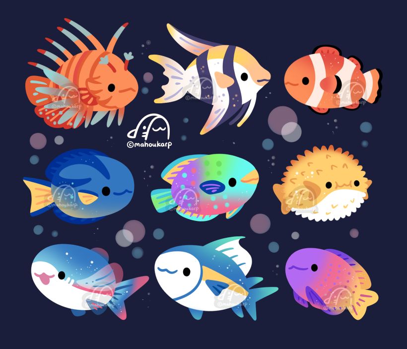 Illustration of some fishies featured are lionfish, angelfish, clownfish, blue tang, parrotfish, pufferfish, flying fish, tunafish, fiary basslet