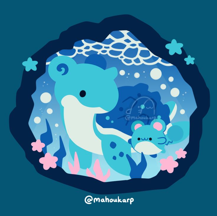 Fanart of lapras from pokemon. Pov is from a sea cave, lapras is diving alongside marill