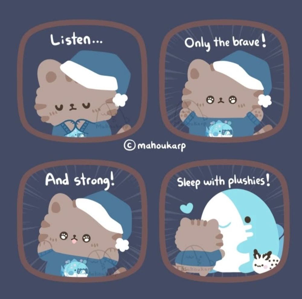 Comic of a cat and their plushies 

"Listen only the brave and strong sleep with their plushies!" 

Cat proceeds to hug giant shork plush
