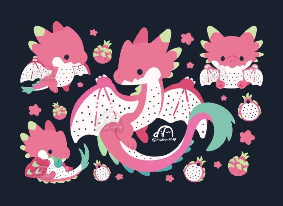 Illustration of a litteral dragon fruit. They are in the shape of wyverns. There are baby dragons and a large dragon. They have a red and green color palete. The bellies and wings are made of dragon fruit