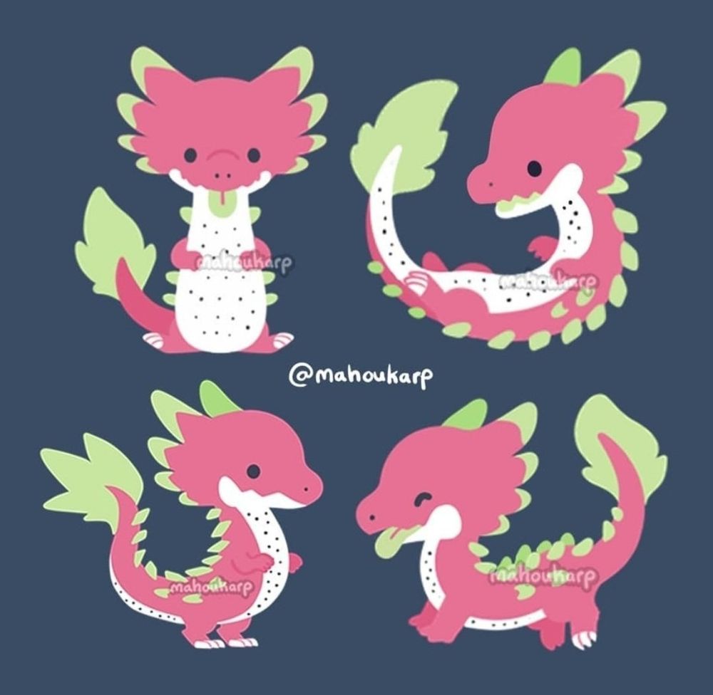 Illustration of a dragon based on dragon fruit. They are a long type dragon and they are mostly red, green, and white colored with black specks on its belly