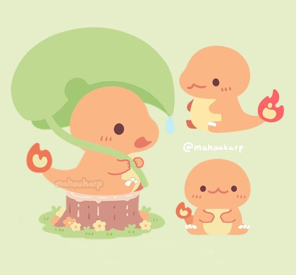 Illustration of charmander from pokemon. There are 3 images one is holding a big leaf while sitting on a tree stump and the others are just sitting 