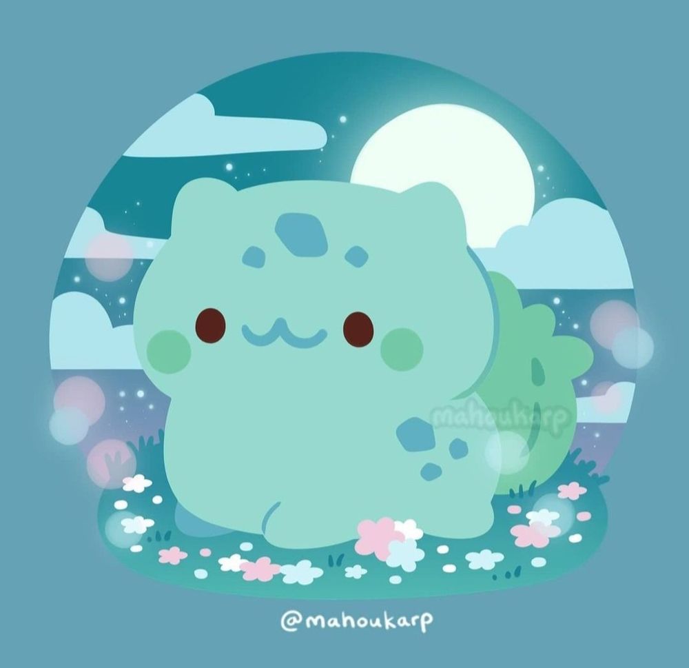 Illustration of bulbasaur from pokemon. They are basking in the moonlight like that one scene from the original anime. The colors mainly consist of shades of green and blue. There are some pastel flowers on the ground