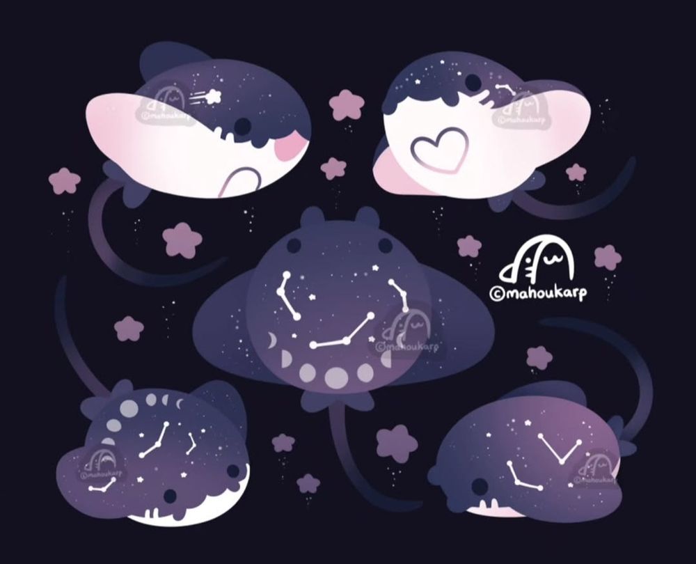 Illustration of some manta rays that have a galaxy themed color pallette. They have little constelations, stars, and moon phases on them 
