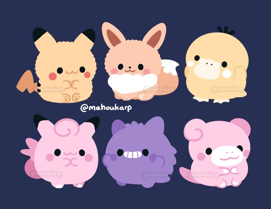 Illustration of some pokemon from gen 1 featured are pikachu, eevee, psyduck, clefable, gengar, slowpoke